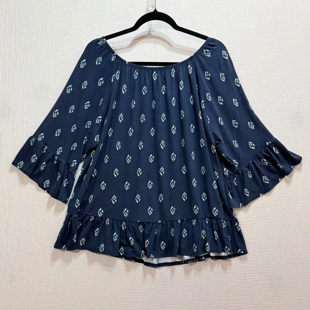 Style & Co Womens XL Navy Blue Floral Ruffle Hem Bell Sleeve Cottagecore Boho